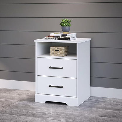 Prepac Rustic Ridge Farmhouse Nightstand Bedside Table, White Nightstand for Bedroom, End Table with 2 Drawers and Open Shelf 16.25"D x 18.75"W x 24.5"H
