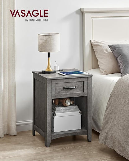 VASAGLE LIRY Collection - Farmhouse Nightstand with Charging Station, Bedside Table, Side Table with Drawer, Open Compartment, for Bedroom, Misty Gray ULET659G68