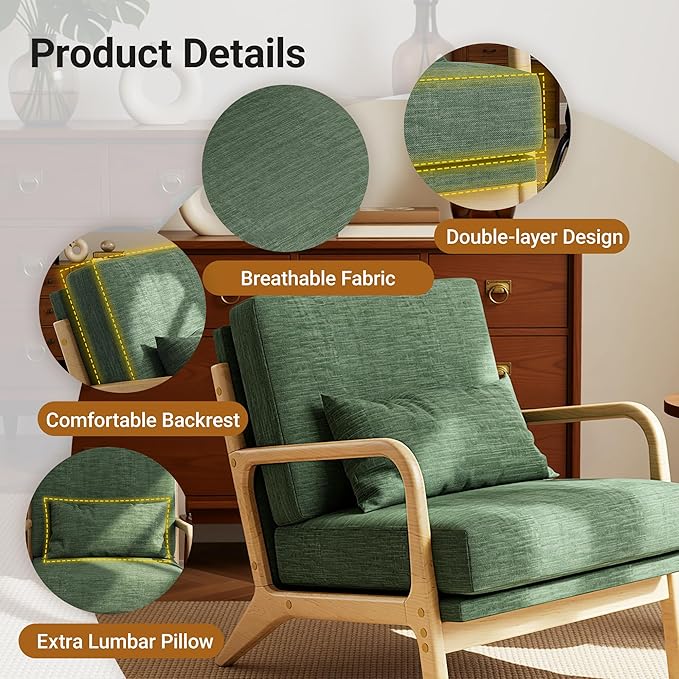 Claiks Mid-Century Modern Accent Chair, Living Room Armchair with Solid Wood Frame & Lumbar Pillow, Comfy Upholstered Lounge Chair for Bedroom, Office, Linen-Like Fabric, Green