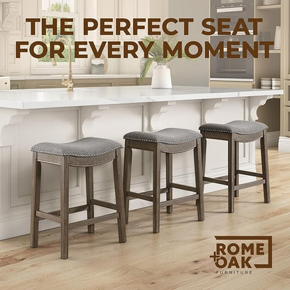 ROME + OAK Parker 26 Inch Counter Stool, Backless Saddle Kitchen Barstool in Walnut Finish with Grey Fabric Upholstery Cushion Seat