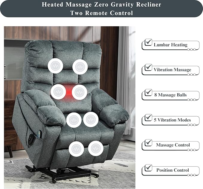 3-Motor Lift Chair with Adjustable Seat Height Zero Gravity Lay Flat Recliner with Heat Massage, Big Man Lift Recliners 400 lbs for Elderly Storage Cup Holders, Tall Man Recliner