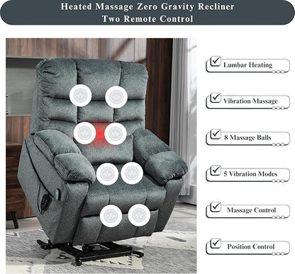 3-Motor Lift Chair with Adjustable Seat Height Zero Gravity Lay Flat Recliner with Heat Massage, Big Man Lift Recliners 400 lbs for Elderly Storage Cup Holders, Tall Man Recliner