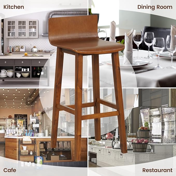 COSTWAY Solid Wood Bar Stools Set of 2, 29-inch Counter Height Chairs with Low Back and Footrest, Farmhouse Wooden Armless Barstools for Kitchen Island, Dining Room, Cafe, Breakfast, Brown
