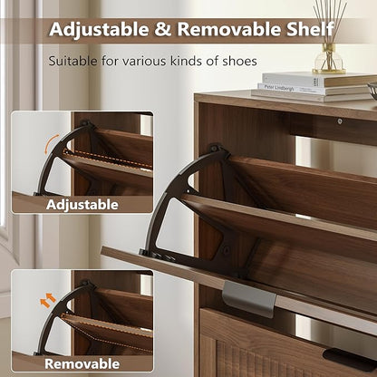 Shoe Cabinet for Entryway with 4 Flip Drawers, Slim Wooden Shoe Storage Organizer with Modern Fluted Pannel，Freestanding Narrow Hidden Shoe Rack for Hallway, Foyer, Living Room