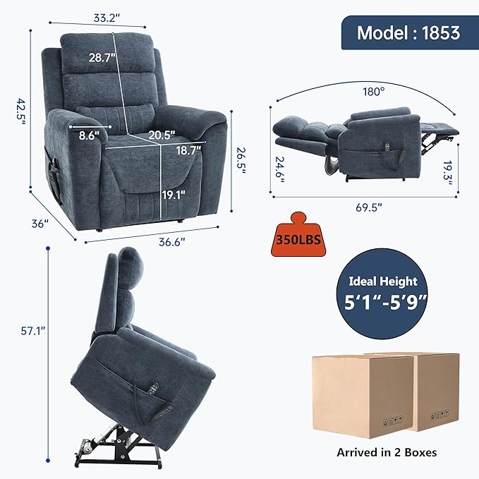 Power Lift Recliner Chair for Elderly People, Dual Motor Lay Flat Recliner with Vibration Massage and Heat, Heavy Duty Motion Mechanism Standing Assistance Reclining Chair, Chenille Fabric Blue
