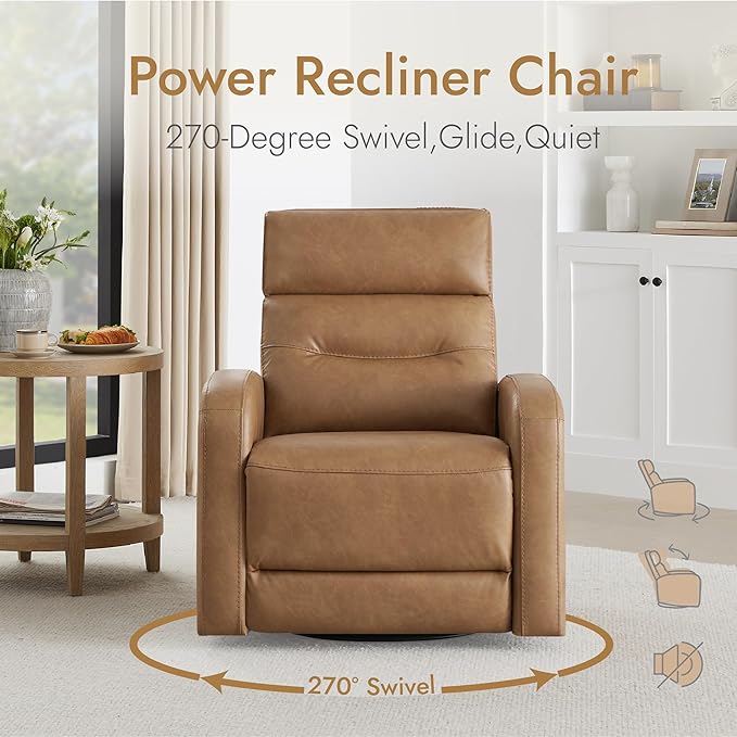 Watson & Whitely Swivel Recliner with Power Headrest, Recliner Chairs for Adults, Small Glider Rocker for Living Room, Faux Leather in Camel