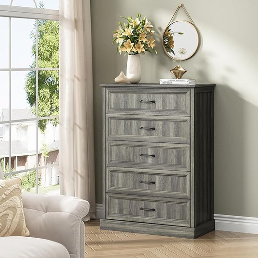 CARPETNAL Farmhouse 5 Drawers Dresser for Bedroom, 44" Tall Grey Dresser Wood Rustic Chest of Drawers with Wide Metal Handle,Natural Texture,Drawer Organizer for Bedroom,Living Room,Hallway