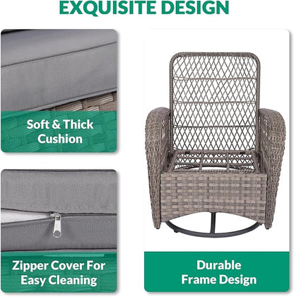 VIVIJASON 3-Piece Outdoor Conversation Bistro Set, Patio Swivel Glider Rocking Chairs Rattan Furniture Sets w/ 2 Rattan Chairs, Glass Top Side Table for Porch Backyard, Gray Wicker & Gray Cushions