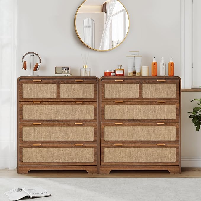 Mid Century Modern Dresser for Bedroom with 4 Drawers, 35" Tall Chest of Drawers with Natural Linen, Curved Wood Dresser Closet Clothes Storage Organizer for Living Room, Hallway((Walnut)