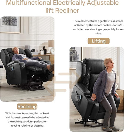 Power Lift Recliner Chair for Elderly, Electric PU Leather Reclining Single Sofa with Massage & Heat, Side Pocket, Cup Holders and USB/Type-C Charge Port for Living Room (Black)