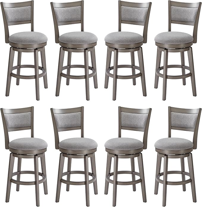 PrimeZone Swivel Bar Stools Set of 8, 26 Inch Counter Height Barstools, High Back Bar Stool with Solid Wood Legs & Wrap-Around Footrest, Counter Stools for Kitchen Island, Pub, Grey