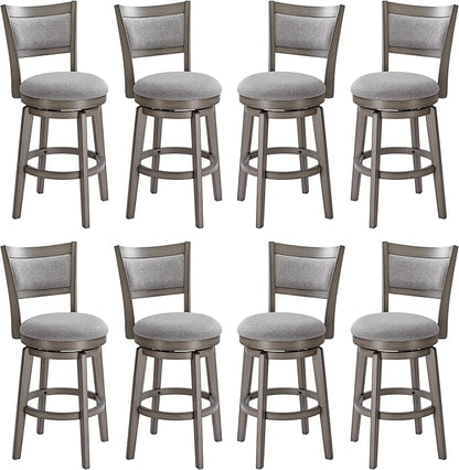 PrimeZone Swivel Bar Stools Set of 8, 26 Inch Counter Height Barstools, High Back Bar Stool with Solid Wood Legs & Wrap-Around Footrest, Counter Stools for Kitchen Island, Pub, Grey