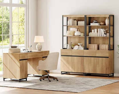 WAMPAT 59" Modern Executive Desk with Drawers, Home Office Computer Desk with Charging Station, File Drawer, Storage Cabinet, Wood Writing Desk for Work and Study, Oak