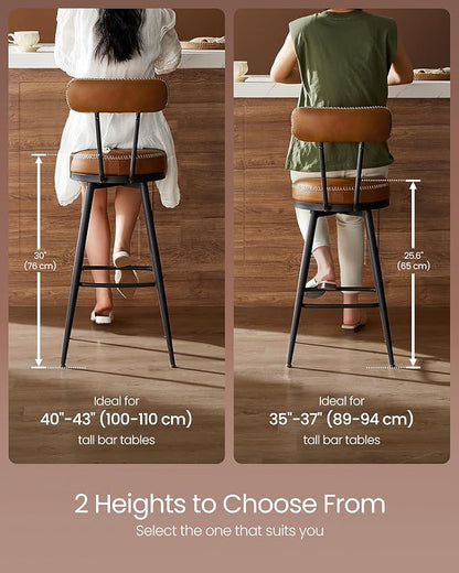 VASAGLE EKHO Collection - Bar Stools Set of 2, Swivel Bar Height Bar Stools with Back, Synthetic Leather with Stitching, Mid-Century Modern, 30-Inch Tall Barstools for Kitchen Home Bar, Caramel Brown