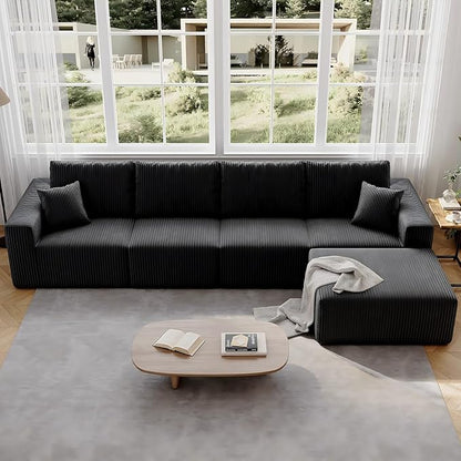 139" Boneless Cloud Sectional Couch for Living Room, Compressed Modular L-Shaped Sofa with Deep Seat, Frameless Corduroy Couch in Boxes, No Assembly Required 4-Seater (Right-Facing Chaise, Black)