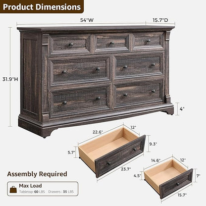 T4TREAM Farmhouse 7 Drawers Dresser for Bedroom, 54" Wide Wood Rustic Chest of Drawers w/Roman Column, Wooden Storage Dressers Organizer for Bedroom, Living Room, Closet, Dark Rustic Oak