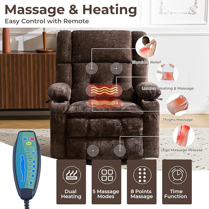 Oversized Power Recliner Chair for Elderly with Massage and Heat, Dual Motor Lay Flat Recliner with Arm Storage，Lift Chair for Big Tall, Infinite Position,Extended Footrest, Coffee