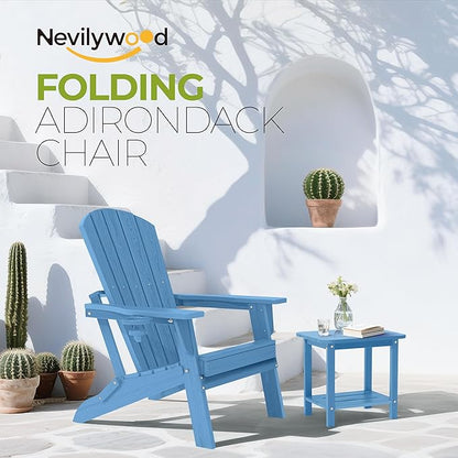 nevilywood Folding Adirondack Chair with Cup Holder Set of 2,All-Weather Adirondack Chair,Patio Chair,HDPE-Wooden Textured Lawn Chair- Light Blue