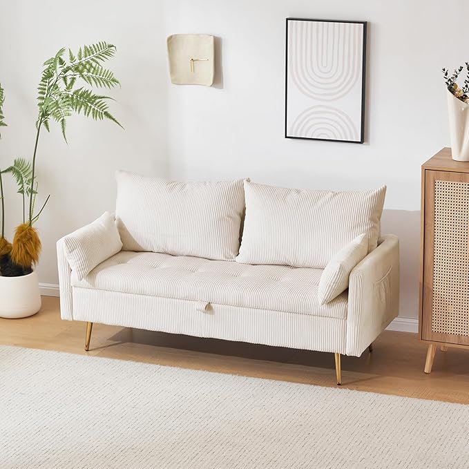 Furnimart 3-Seater Storage Sofa and Couch, Corduroy Loveseat with Accent Single Chair, Small Living Room Furniture Set for Apartment, Tiny Homes and Lofts, 2PC-Beige