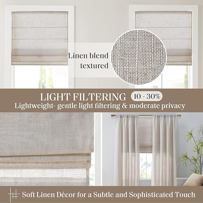 Madison Park Kyler Cordless Roman Shades - Single Panel, Lightweight Linen Blend Fabric, Natural Design, Easy Installation, Light Filtering Window Blind, Bedroom, Living Room Decor 34"W x 64"H Natural