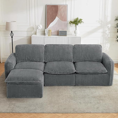 110'' Boneless Modular Cloud Couch for Living Room, Comfy Cloud Modular Sectional Couch with Ottoman, Convertible L Shaped Couches for Apartment, Dorm, No Assembly Required, Grey Corduroy