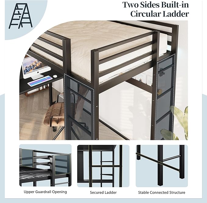 SUNLEI Metal Twin Loft Bed with Desk, Twin Size Loft Bed with 2 Built-in Ladders & Safety Guard, for Small Bedroom Noise Free, Charcoal Black