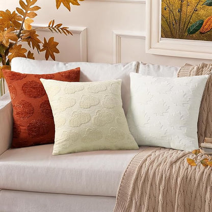 decorUhome Decorative Cream White Maple Leaf Thanksgiving Throw Pillow Covers 18x18 Set of 2, Soft Chenille Jacquard Farmhouse Textured Pillow Covers for Couch Sofa Autumn Harvest Halloween Holiday