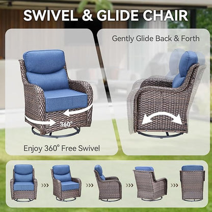 HUMMUH Outdoor Patio Wicker Swivel Rocker Chairs with 6-Inch Thick Cushion High Back 3 PCS Wicker Conversation Set for Porch Balcony Deck