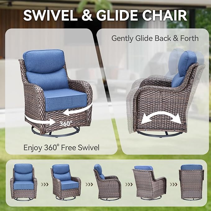 HUMMUH Outdoor Patio Wicker Swivel Rocker Chairs Set of 2 with 6-Inch Thick Cushion High Back Wicker Conversation Set for Porch Balcony Deck