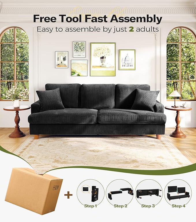 87in Corduroy Couch, Kidirect Sofa No Tool Assembly, Comfy Couches for Living Room 21in Deeper Seats, Corduroy Sofas for Living Room with 2 Pillows, Oversized Loveseat Sofa, Boho Love Seat Black Couch