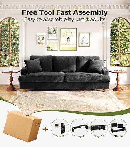 87in Corduroy Couch, Kidirect Sofa No Tool Assembly, Comfy Couches for Living Room 21in Deeper Seats, Corduroy Sofas for Living Room with 2 Pillows, Oversized Loveseat Sofa, Boho Love Seat Black Couch