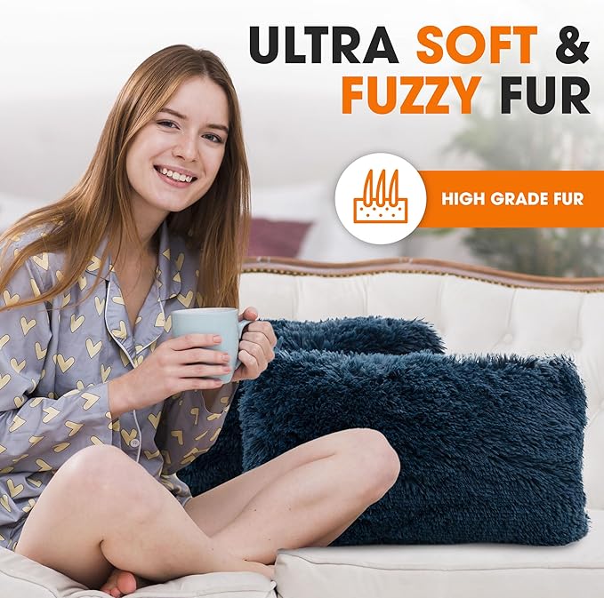 Cheer Collection Throw Pillows for Couch and Bed, Soft Shaggy Throw Pillows with Inserts Included, Cozy Long Hair Faux Fur Pillows - Set of 2-12" x 20" - Navy Blue