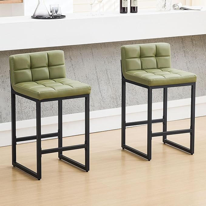 Counter Height Bar Stools Set of 2, Modern Faux Leather Counter Stools with Low Back and Footrest, Upholstered Bar Chairs for Kitchen Island, Bar, Counter (Avocado Green, 2Pcs 26" Bar Stools)