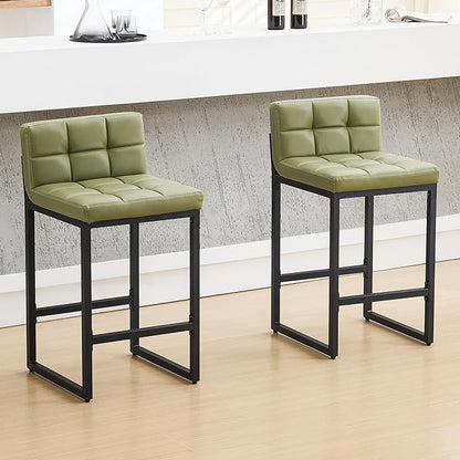 Counter Height Bar Stools Set of 2, Modern Faux Leather Counter Stools with Low Back and Footrest, Upholstered Bar Chairs for Kitchen Island, Bar, Counter (Avocado Green, 2Pcs 26" Bar Stools)