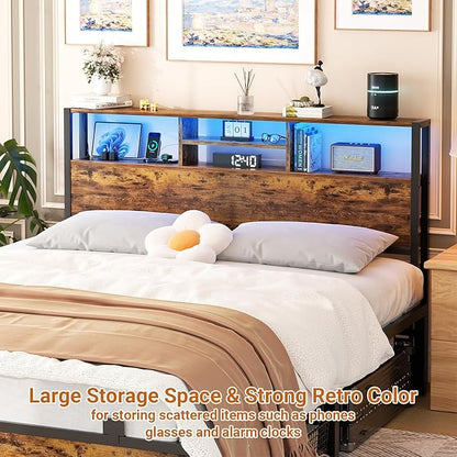 Aheaplus Headboard for Queen Size Bed with Storage, Headboards with Outlets, USB Ports and LED Light, Queen Head Board Only, Height Adjustable, Reversible, Sturdy and Stable Headboard, Rustic Brown