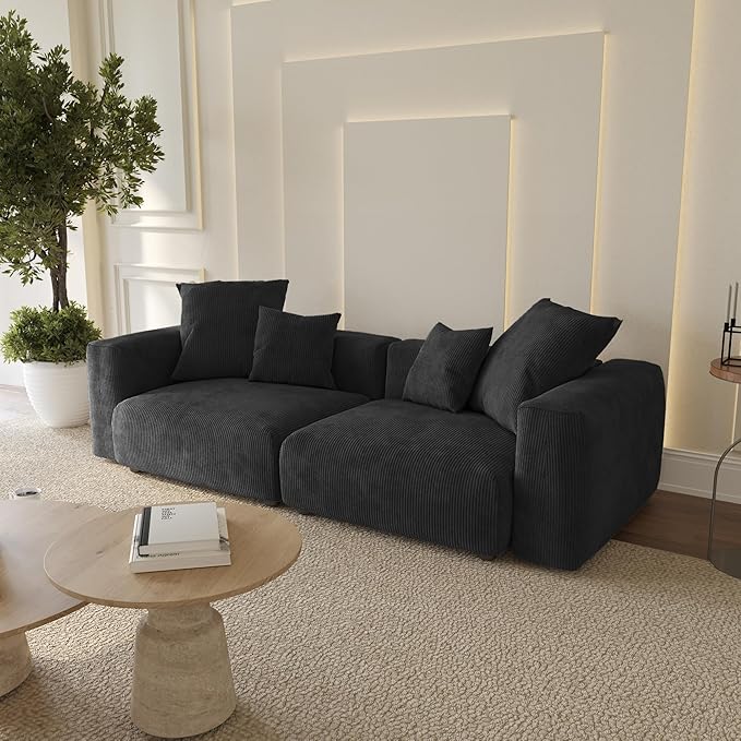 WJShome Cloud Couch Modular Sectional Sofa,102inch Corduroy Couch 2 Seater LoveSofa,Black Convertible Sectional Sofa for Living Room, Cushion Covers Removable& Washable