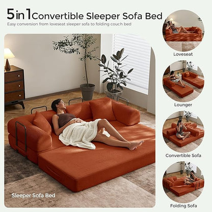 79" Convertible Sofa Bed with Fixed-Shape Frame & Removable Armrests, Modular Corduroy Sleeper Sofa, Folding Mattress Couch for Small Spaces - No Assembly Needed in Orange (Includes 2 Pillows)