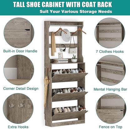 Shoe Cabinet for Entryway with 3 Flip Drawers, Grey Tall Wood Shoe Storage Cabinet with Coat Rack, Narrow Hidden Slim Freestanding Shoe Rack Organizer, 2 in 1 Hall Tree for Living Room, Hallway