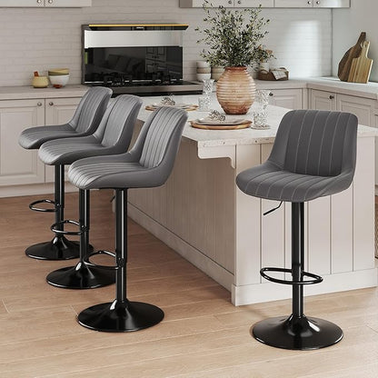 Youhauchair Bar Stools Set of 2, Swivel Counter Height Barstools with Back, Adjustable PU Leather Bar Chairs, Modern Armless Kitchen Island Stool, Dark Grey
