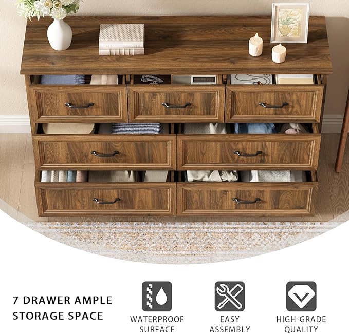 Farmhouse 7 Drawer Dresser for Bedroom, 55 Inch Wide Modern Walnut Dresser TV Stand with Large Drawers & Bar Handles, Rustic Wood Chest of Drawers for Bedroom, Living Room, Hallway, Entryway.