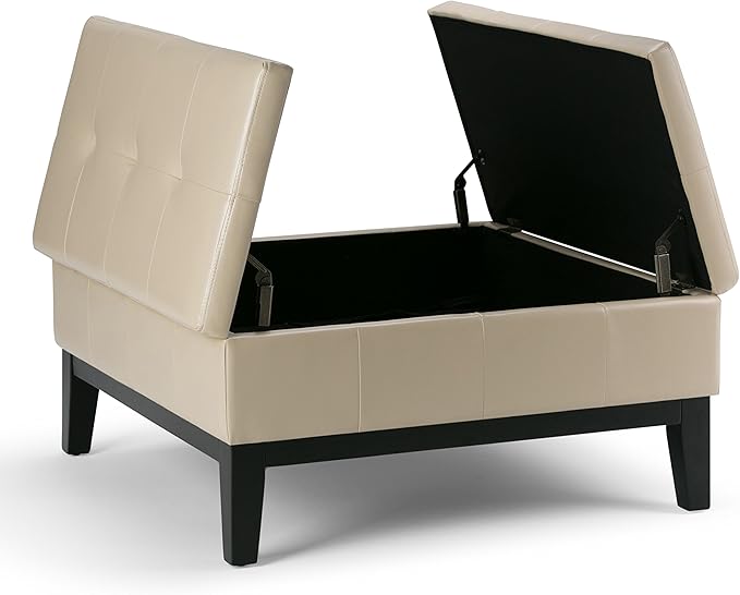 SIMPLIHOME Dover 36 inch Wide Contemporary Square Coffee Table Storage Ottoman in Satin Cream Vegan Faux Leather, Assembled, For the Living Room and Bedroom