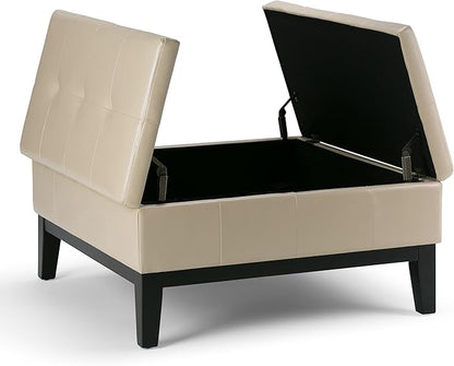 SIMPLIHOME Dover 36 inch Wide Contemporary Square Coffee Table Storage Ottoman in Satin Cream Vegan Faux Leather, Assembled, For the Living Room and Bedroom