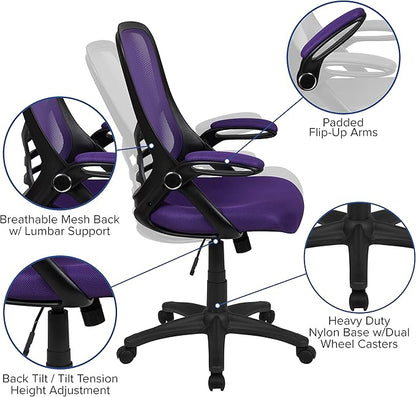 Flash Furniture Porter High-Back Swivel Office Chair with Adjustable Lumbar Support and Seat Height, Ergonomic Mesh Desk Chair with Flip-Up Armrests, Purple/Black