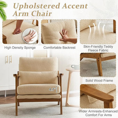 VINGLI Solid Wood Wide Armrests Accent Chair,Upholstered Mid Century Modern Chair with Pillow,Comfy Reading Chair Farmhouse Arm Chair,Chairs Living Room,Bedroom,Guest Room,Teddy Fleece,Khaki