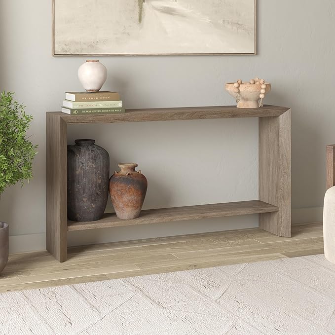 Henn&Hart 55'' Wooden Rectangular Console Table Entryway Table, Sofa Table with Wooden Storage Shelf for Entryway, Living Room, Couch, Hallway, or Office, Antiqued Gray Oak