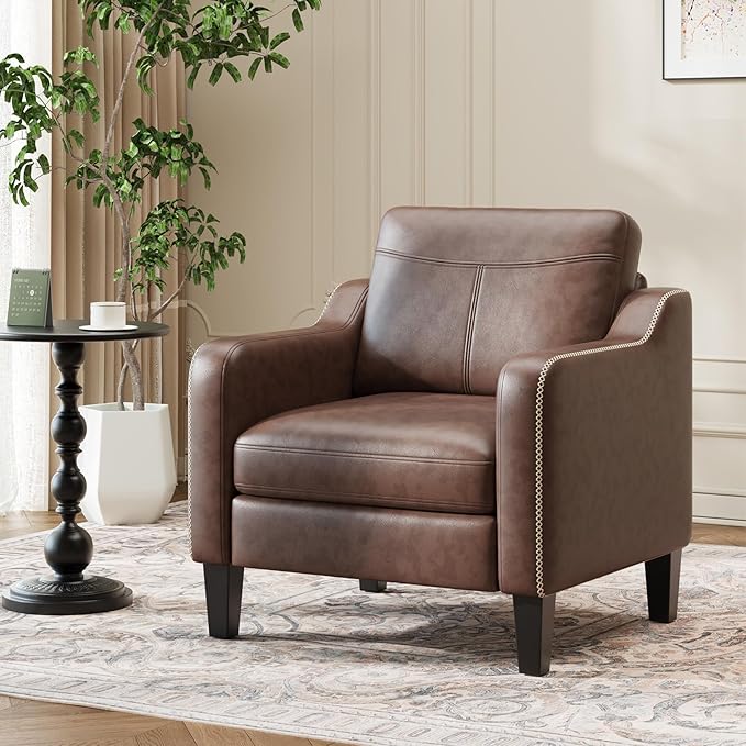 PU Leather Accent Chair Set of 2, Mid-Century Modern Living Room Armchair Sofa with Removable Cushions & Stitched Armrest Design, Bedroom Chair with Plastic Legs, Chocolate Brown