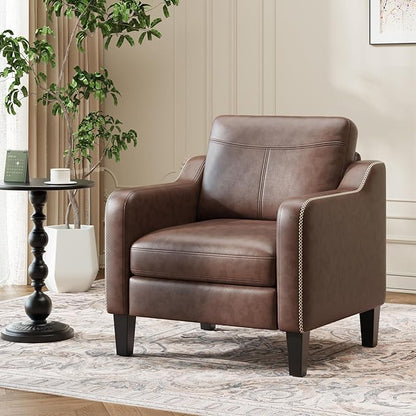 PU Leather Accent Chair Set of 2, Mid-Century Modern Living Room Armchair Sofa with Removable Cushions & Stitched Armrest Design, Bedroom Chair with Plastic Legs, Chocolate Brown