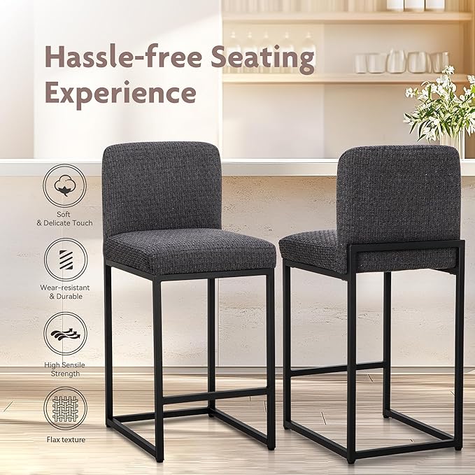 ALPHA HOME 24" Bar Stools Set of 2 Kitchen Counter Stools with Back, Counter Height Stools with Upholstered Footrest for Kitchen Island, Metal Steel Frame, Chenille, Darkgray