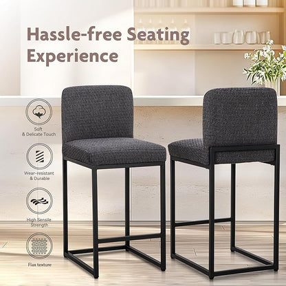 ALPHA HOME 24" Bar Stools Set of 2 Kitchen Counter Stools with Back, Counter Height Stools with Upholstered Footrest for Kitchen Island, Metal Steel Frame, Chenille, Darkgray