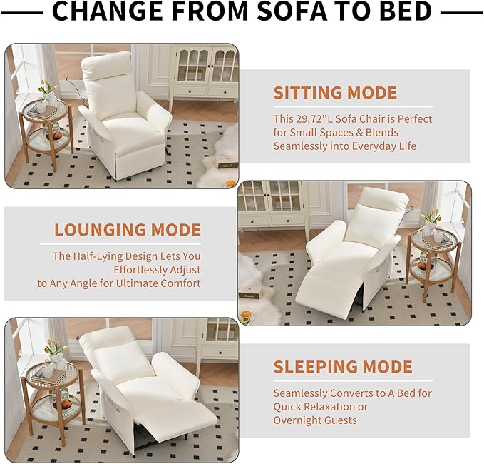 Power Recliner Chair, Adjustable Electric Recliner Chairs for Adults, Sleeper Sofa Bed with Remote Control & Side Pocket, Linen Upholstered Chair for Living Room/Bedroom, Easy Assembly, Beige